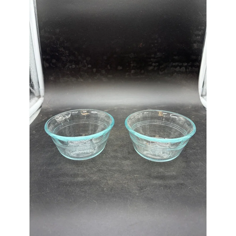 Pyrex 463 Light Blue Glass Custard Cups 6oz Ramekins Set of 2 Ribbed Made in USA